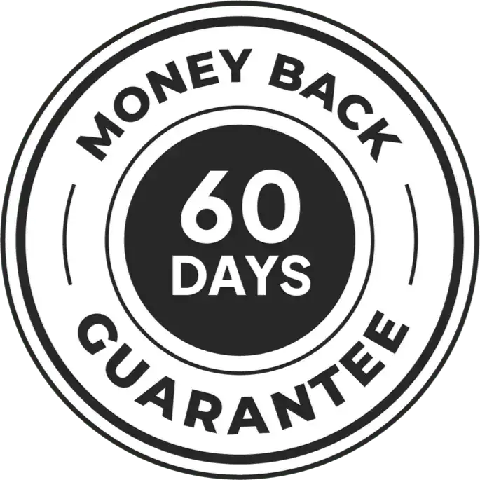 Black and white circular badge showing 60 Days Money Back Guarantee for KlaroNail