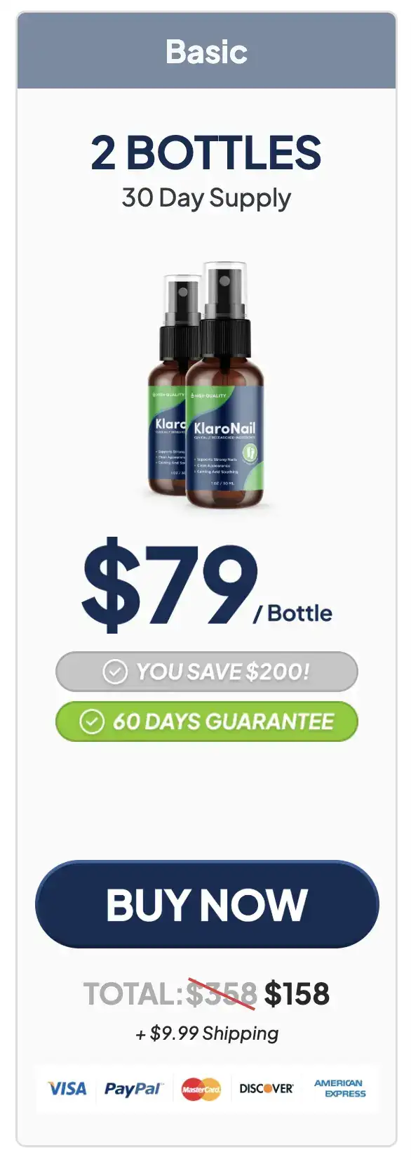 KlaroNail 2 bottle package showing 30 day supply at 79 dollars per bottle priced at 158 dollars total plus shipping with Buy Now button