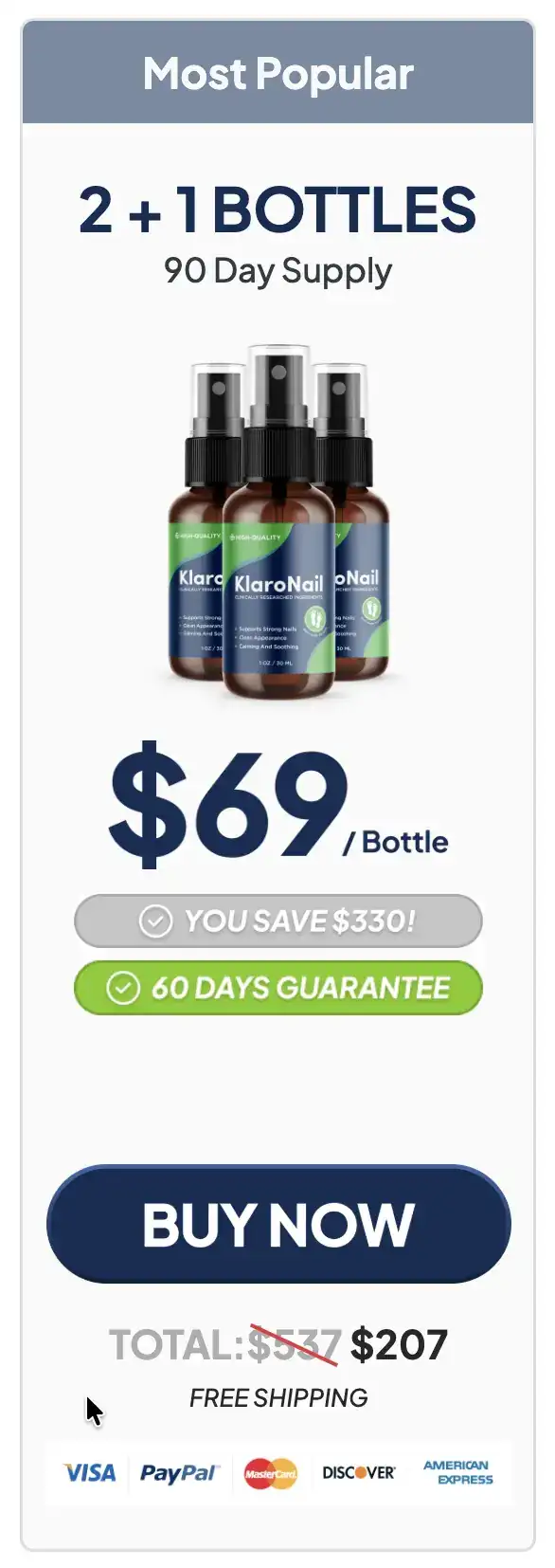 KlaroNail 3 bottle package showing 90 day supply at 69 dollars per bottle priced at 207 dollars total with free shipping and Buy Now button