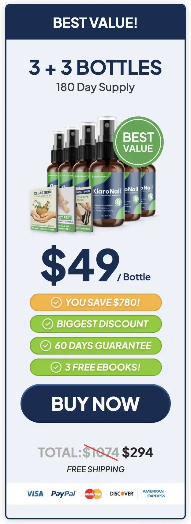 KlaroNail 6 bottle best value package showing 180 day supply with 3 free bonus ebooks at 49 dollars per bottle priced at 294 dollars total with free shipping