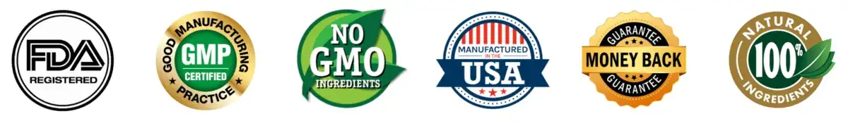 KlaroNail trust badges showing FDA Registered, GMP Certified Good Manufacturing Practice, No GMO Ingredients, Manufactured in the USA, Money Back Guarantee, and 100% Natural Ingredients